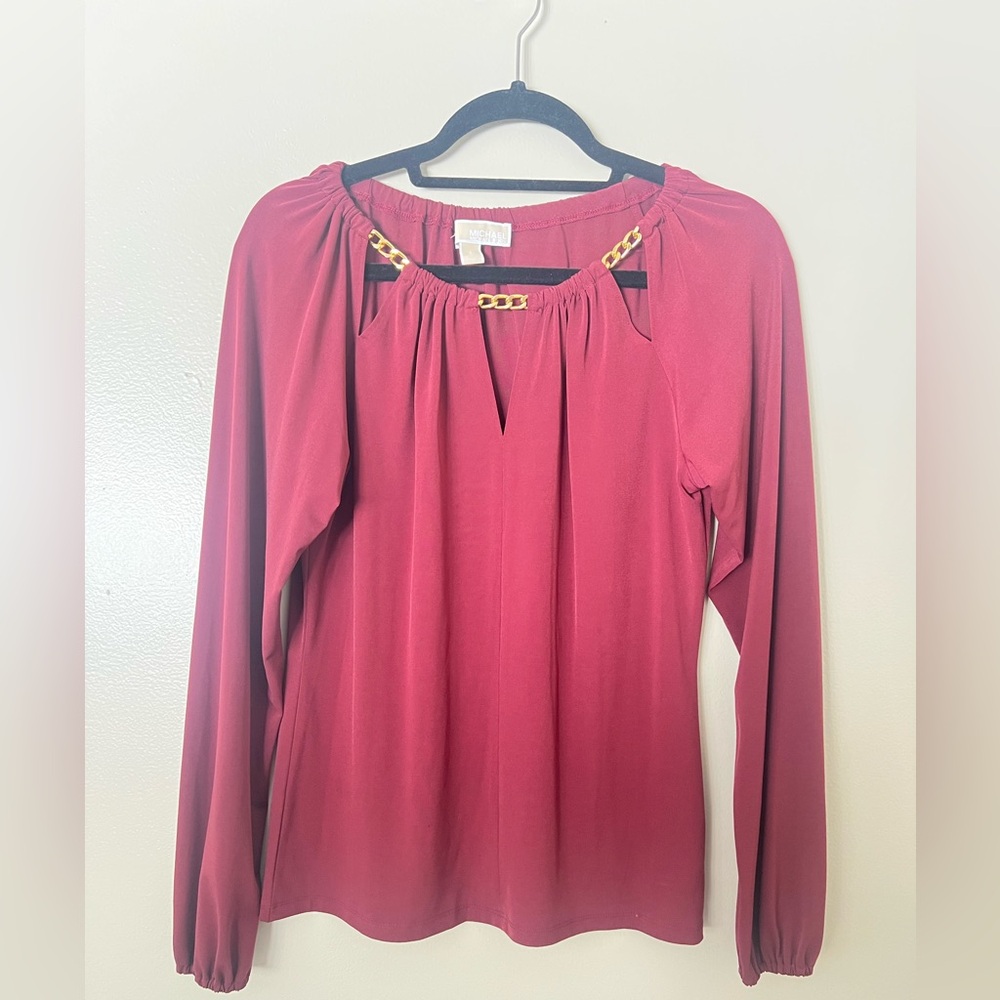Michael Kors Burgundy Long Sleeve Blouse with Gold Accents